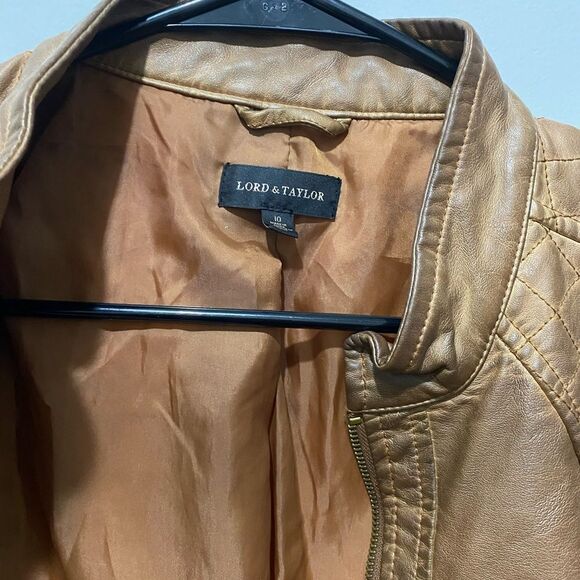 Lord & Taylor Brown Faux Leather Moto Bomber Jacket with Quilted Shoulders - Picture 4 of 6